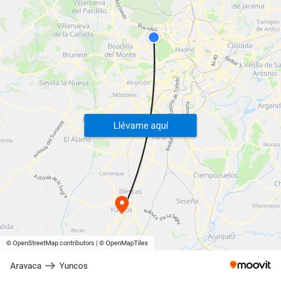 Aravaca to Yuncos map