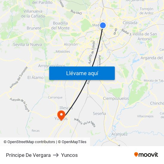 Príncipe De Vergara to Yuncos map