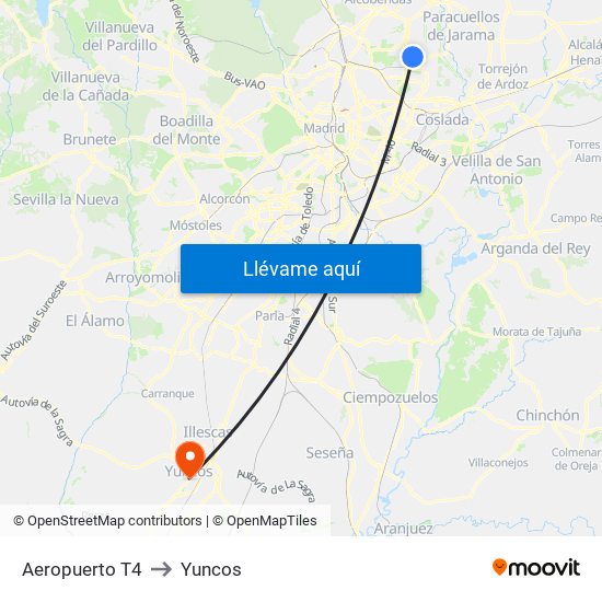 Aeropuerto T4 to Yuncos map