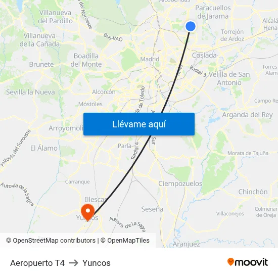 Aeropuerto T4 to Yuncos map