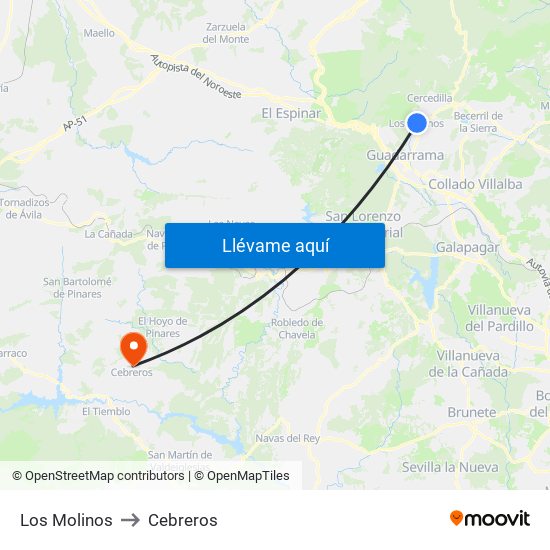 Los Molinos to Cebreros map