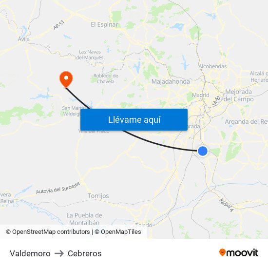 Valdemoro to Cebreros map
