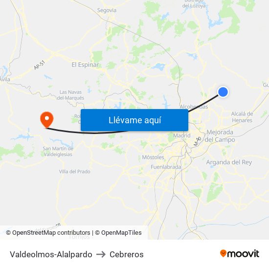 Valdeolmos-Alalpardo to Cebreros map