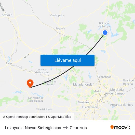 Lozoyuela-Navas-Sieteiglesias to Cebreros map
