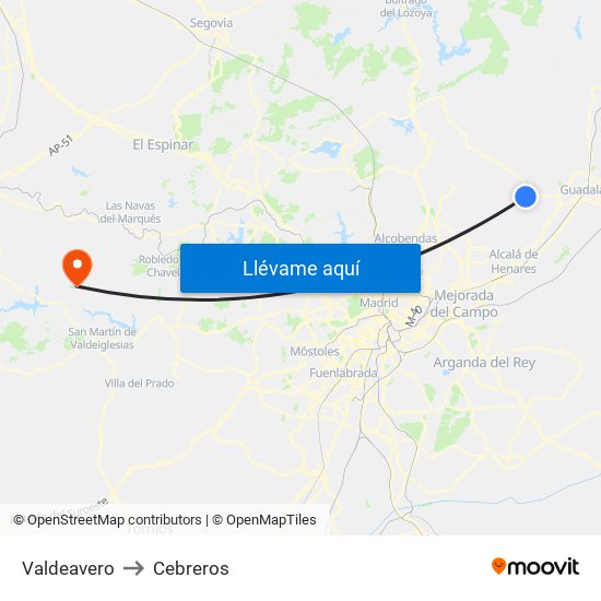 Valdeavero to Cebreros map