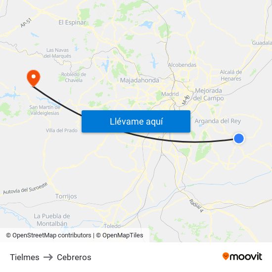 Tielmes to Cebreros map