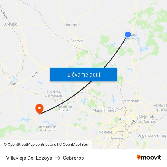 Villavieja Del Lozoya to Cebreros map