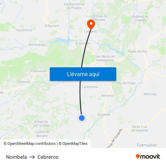 Nombela to Cebreros map