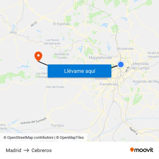 Madrid to Cebreros map