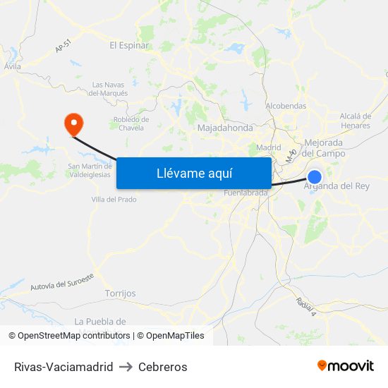 Rivas-Vaciamadrid to Cebreros map