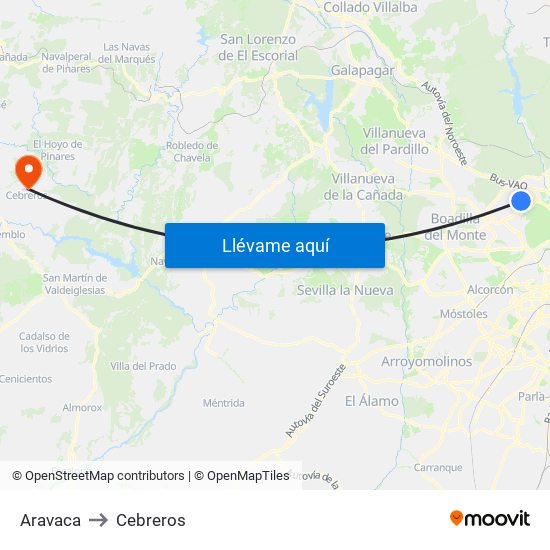 Aravaca to Cebreros map