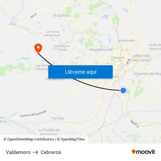 Valdemoro to Cebreros map