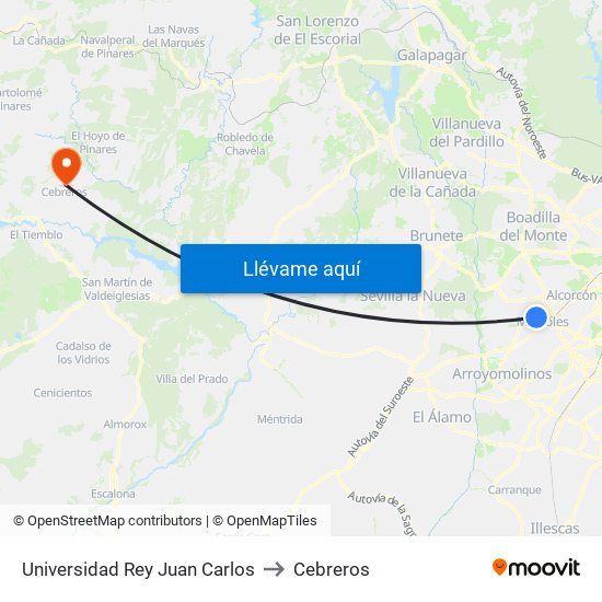 Universidad Rey Juan Carlos to Cebreros map