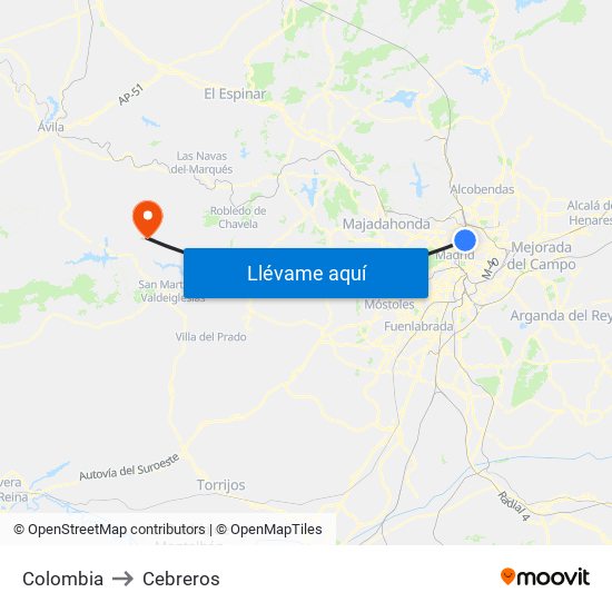 Colombia to Cebreros map