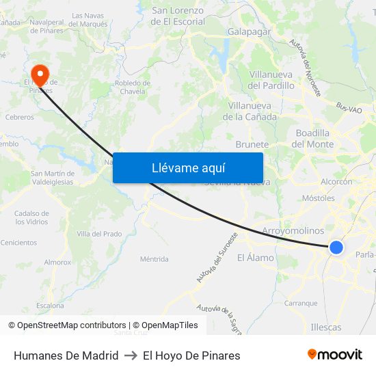 Humanes De Madrid to El Hoyo De Pinares map