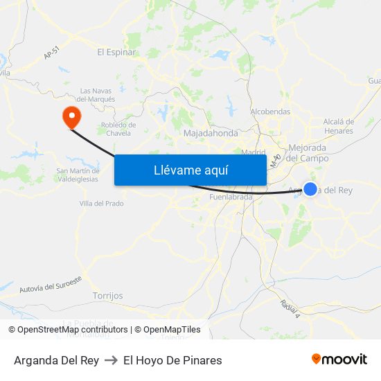 Arganda Del Rey to El Hoyo De Pinares map