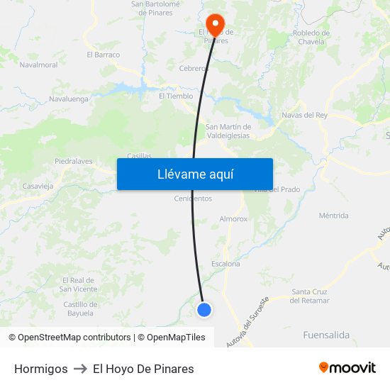 Hormigos to El Hoyo De Pinares map