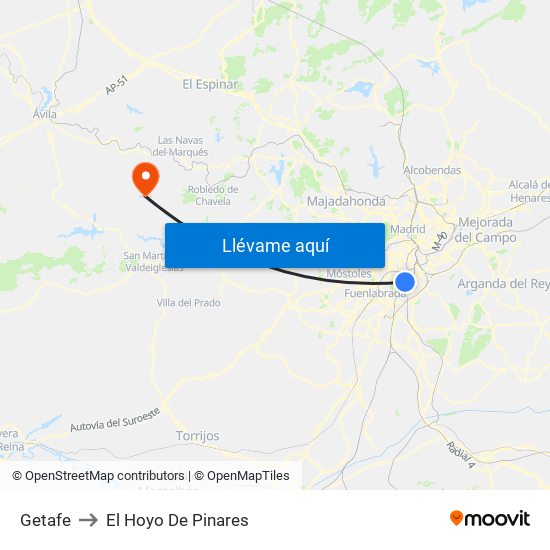 Getafe to El Hoyo De Pinares map