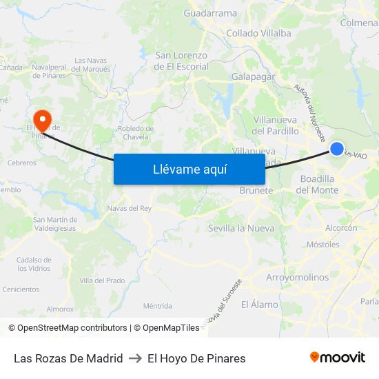 Las Rozas De Madrid to El Hoyo De Pinares map