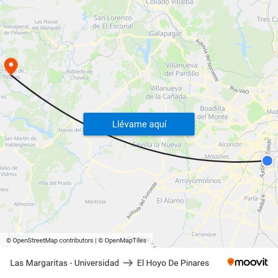 Las Margaritas - Universidad to El Hoyo De Pinares map