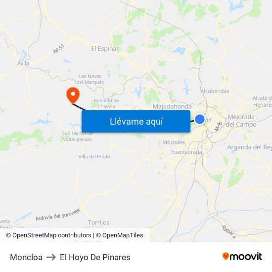 Moncloa to El Hoyo De Pinares map