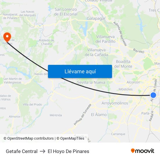 Getafe Central to El Hoyo De Pinares map