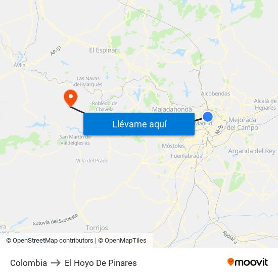 Colombia to El Hoyo De Pinares map