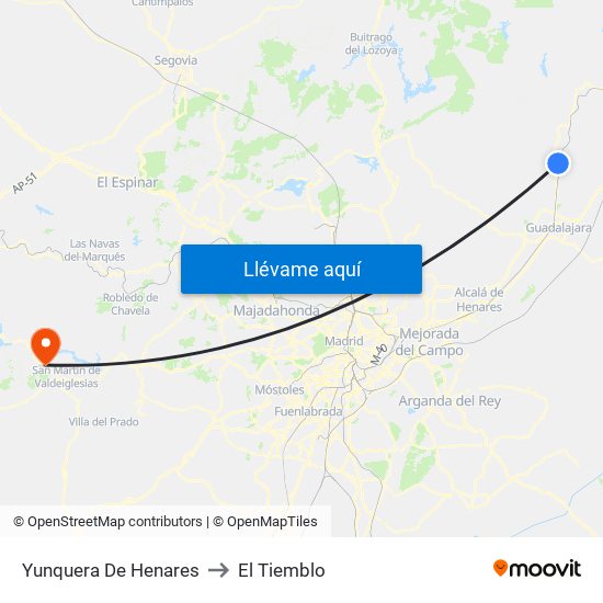 Yunquera De Henares to El Tiemblo map