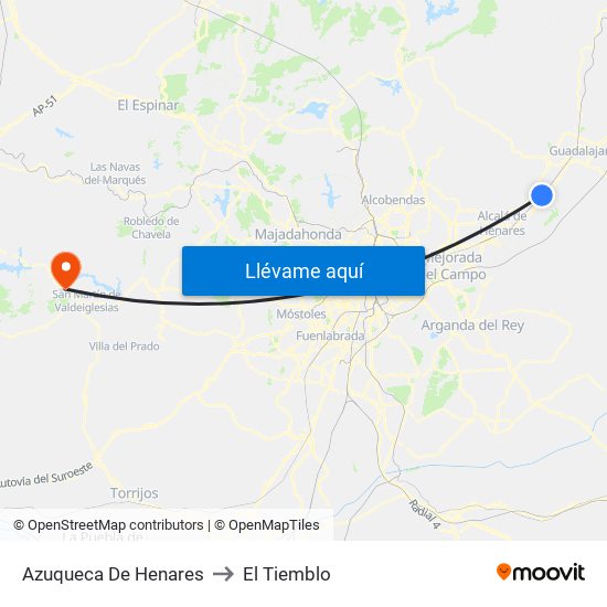 Azuqueca De Henares to El Tiemblo map