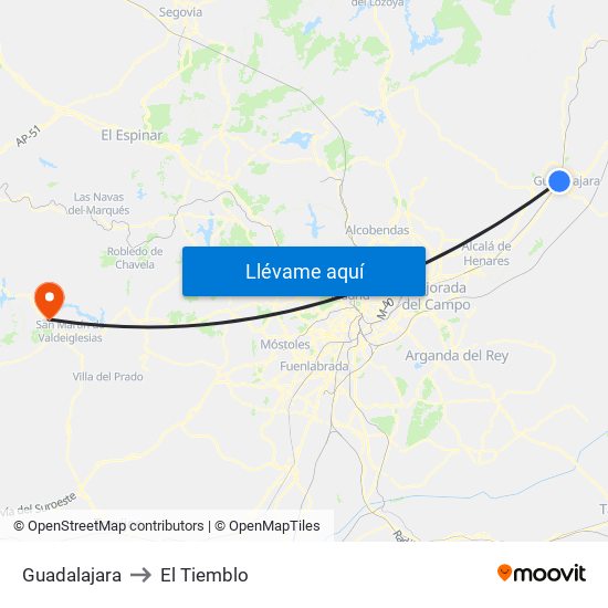 Guadalajara to El Tiemblo map