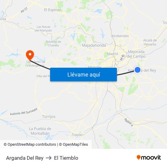 Arganda Del Rey to El Tiemblo map