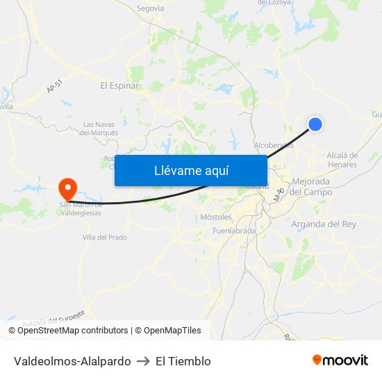 Valdeolmos-Alalpardo to El Tiemblo map