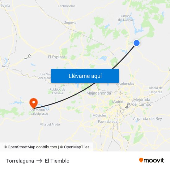 Torrelaguna to El Tiemblo map