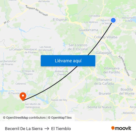 Becerril De La Sierra to El Tiemblo map