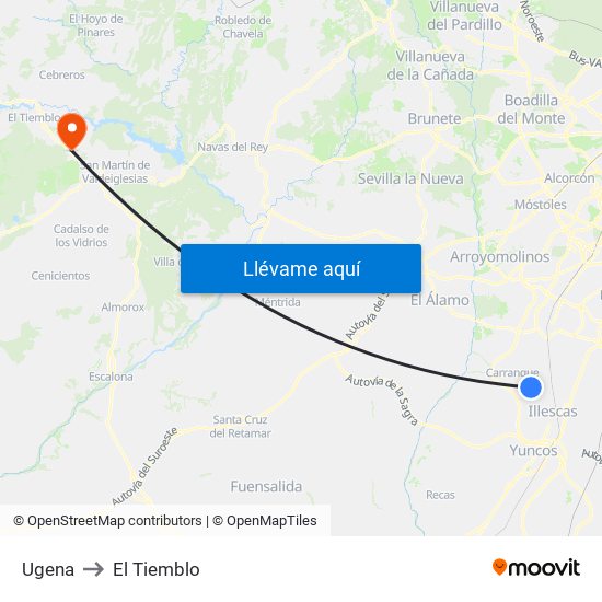 Ugena to El Tiemblo map