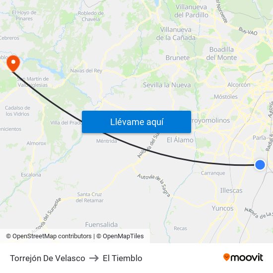 Torrejón De Velasco to El Tiemblo map