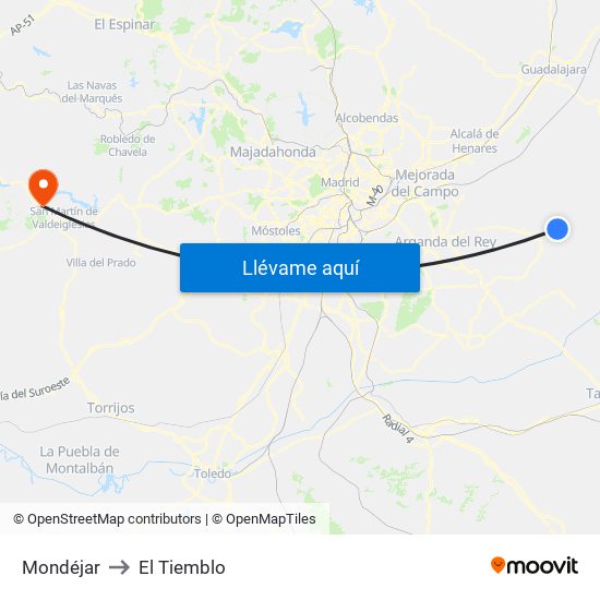 Mondéjar to El Tiemblo map