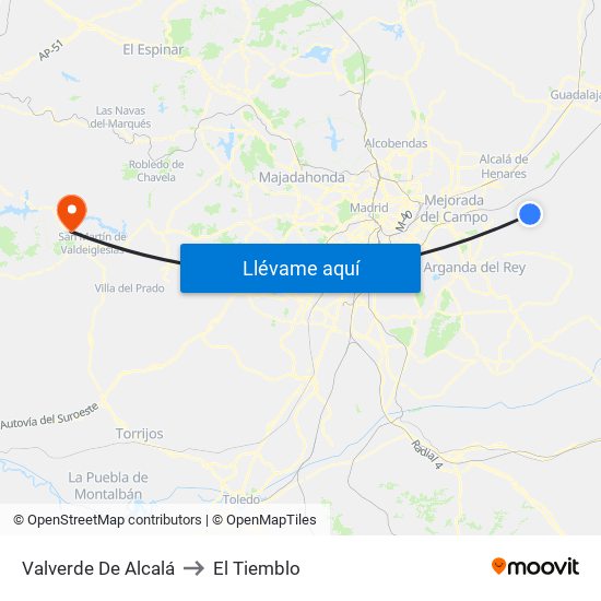Valverde De Alcalá to El Tiemblo map