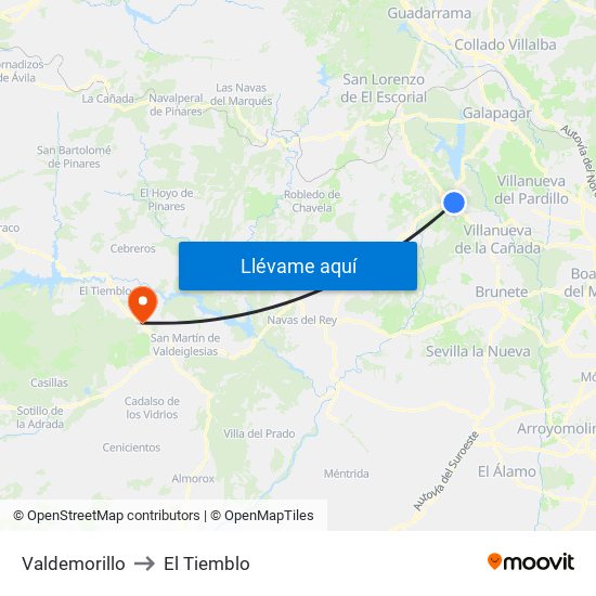 Valdemorillo to El Tiemblo map