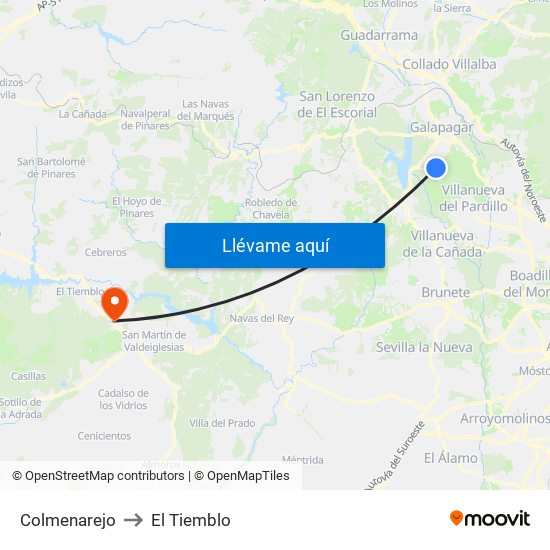 Colmenarejo to El Tiemblo map