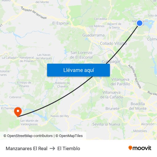 Manzanares El Real to El Tiemblo map