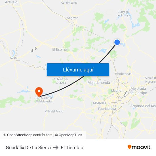 Guadalix De La Sierra to El Tiemblo map