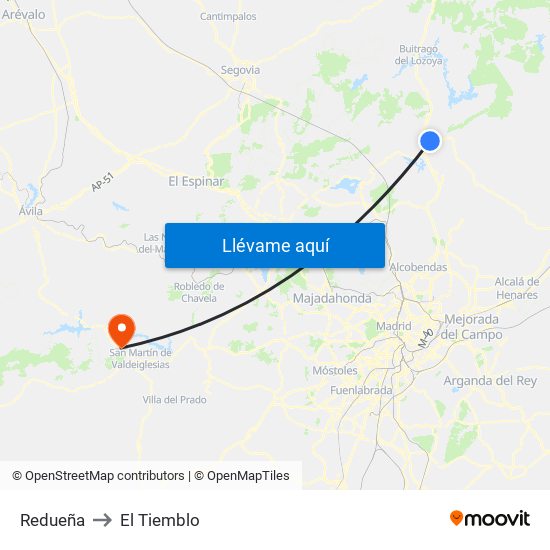 Redueña to El Tiemblo map