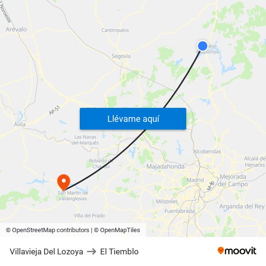 Villavieja Del Lozoya to El Tiemblo map