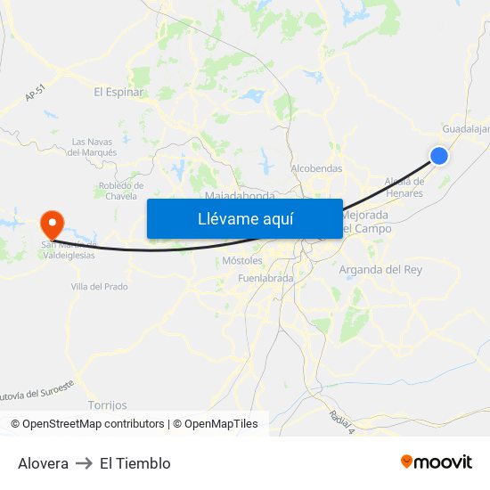 Alovera to El Tiemblo map