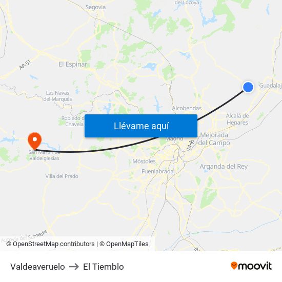Valdeaveruelo to El Tiemblo map