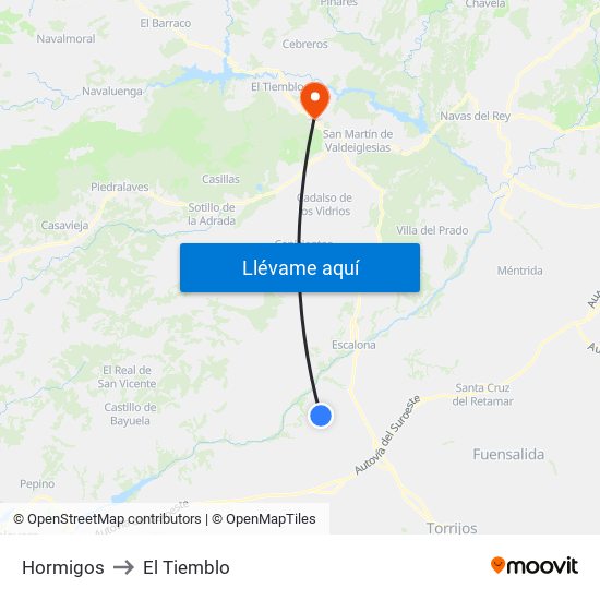 Hormigos to El Tiemblo map