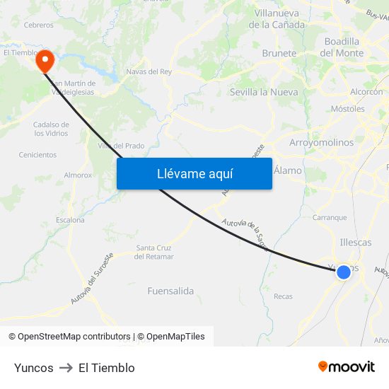 Yuncos to El Tiemblo map