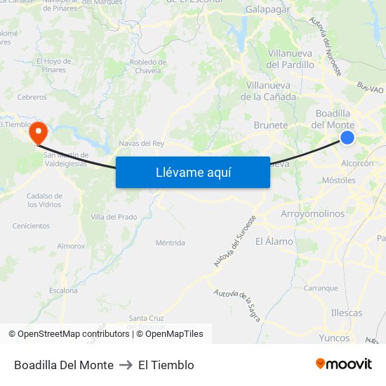 Boadilla Del Monte to El Tiemblo map