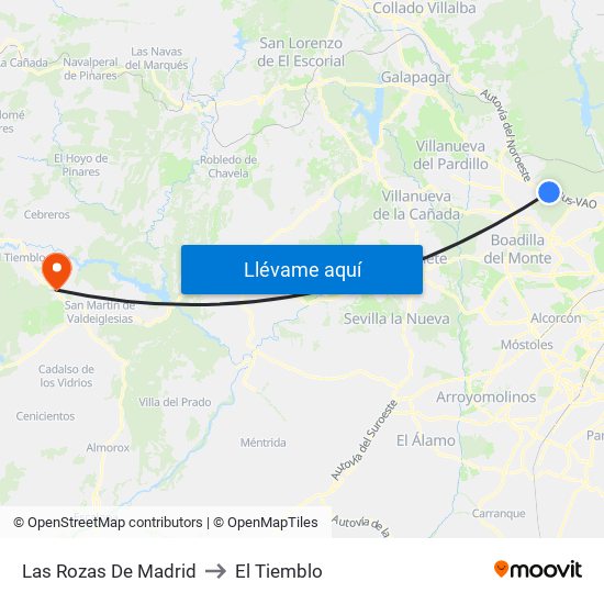 Las Rozas De Madrid to El Tiemblo map